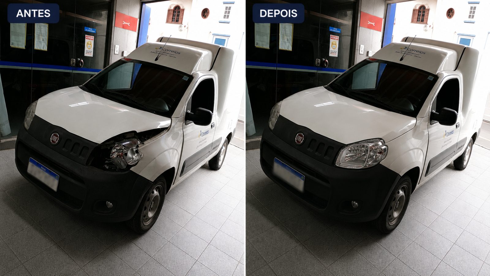 Fiat Fiorino com dano no para-choque e farol dianteiros, antes e depois do reparo de funilaria e pintura na Tel-Car